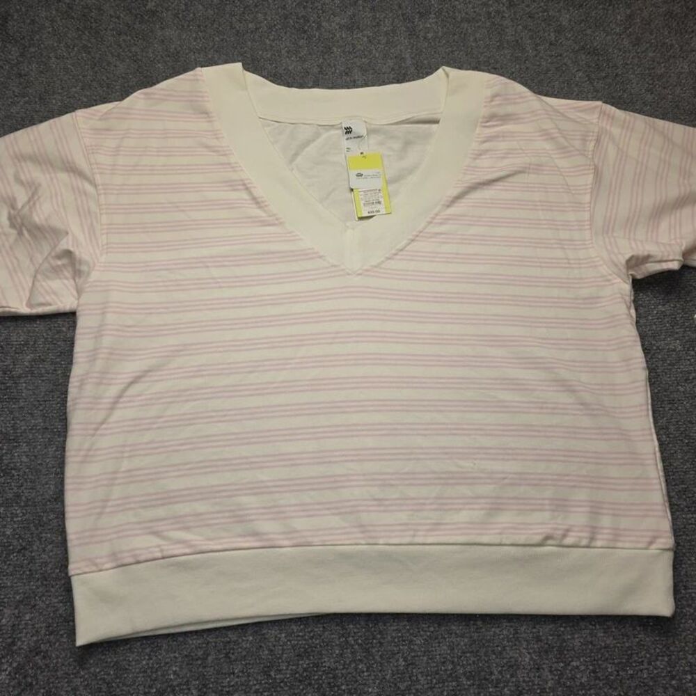 Women’s XXL Pink & Cream Striped V-Neck Pullover Sweatshirt